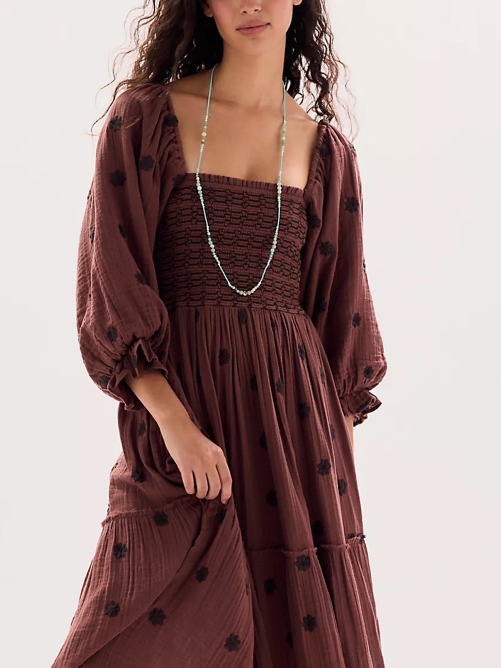 Free People Deep Brown Dahlia Maxi Dress with Black Floral Accents